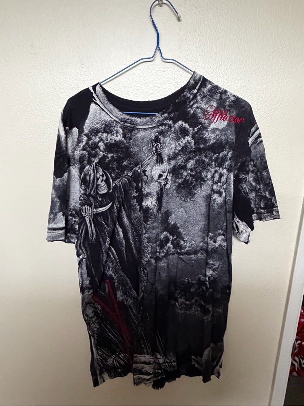 Affliction Black & Gray Graphic Short Sleeve Tee with Red Script